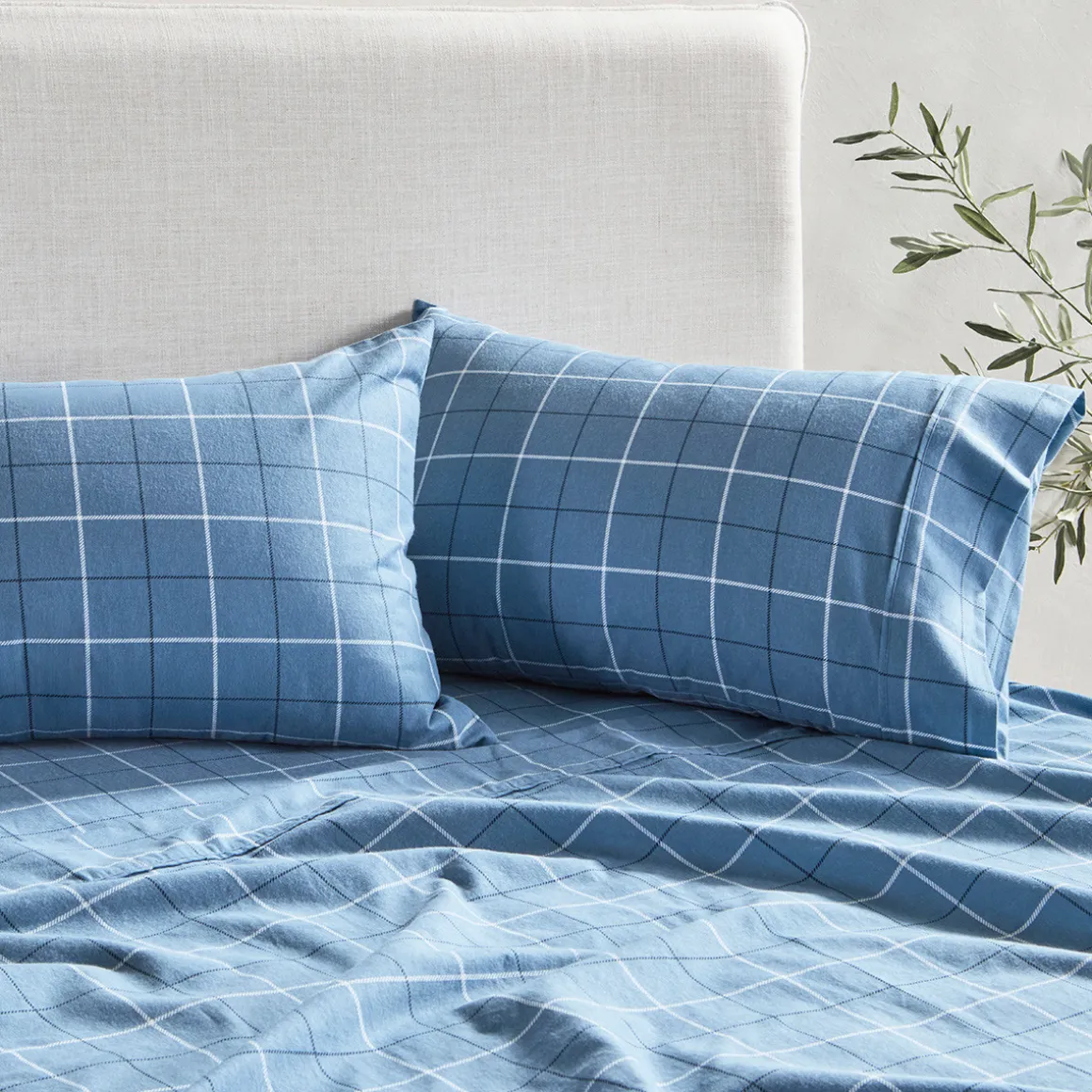 Blue Check Cotton Flannelette Sheet Set