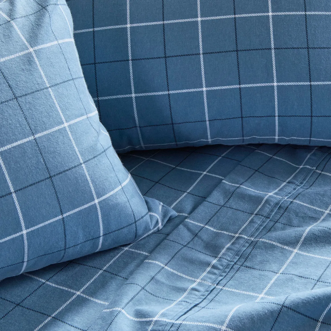 Blue Check Cotton Flannelette Sheet Set