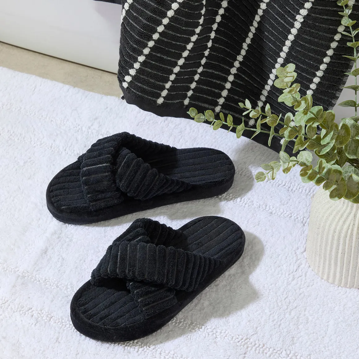 Lucy Black Cross Strap Home Slippers