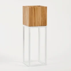 Manly Wooden Decorative Pot on White Metal Stand
