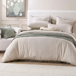 Piped Washed Linen Look Stone Quilt Cover Set